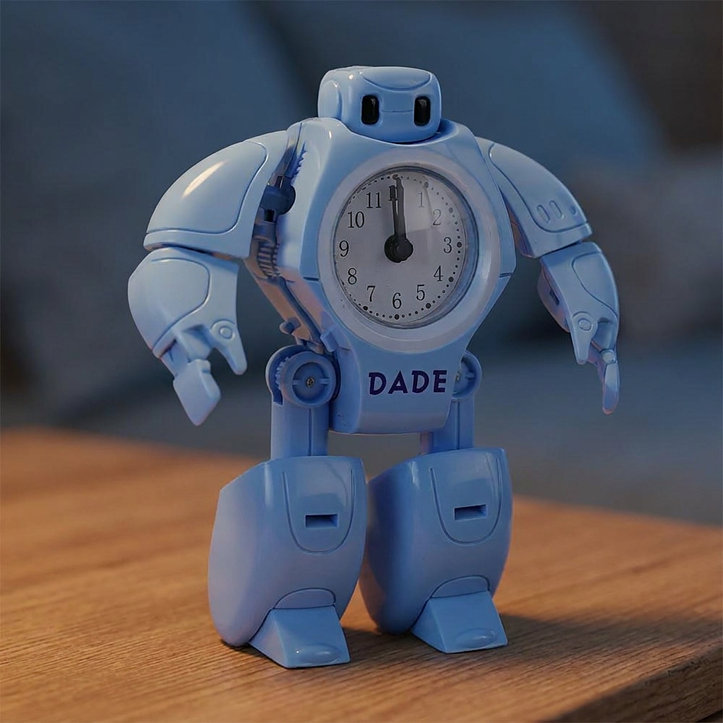 Réveil garçon robot analogique à aiguilles posé sur une table de chevet dans une chambre d'enfant