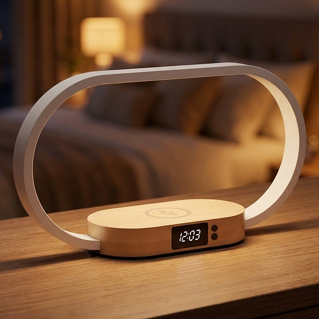 Réveil luminothérapie lampe en bois avec chargeur induction posé sur une table de chevet